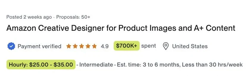 Vaga no Upwork: Amazon Creative Designer for Product Images and A+ Content, cliente com $700 mil já pagos, $25 a $35 por hora, Estados Unidos