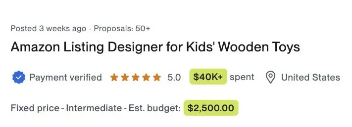 Vaga no Upwork: Amazon Listing Designer, orçamento fixo de $2.500, cliente com $40 mil já pagos, Estados Unidos