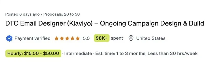 Vaga no Upwork: DTC Email Designer (Klaviyo), pagamento verificado, $15 a $50 por hora, Estados Unidos