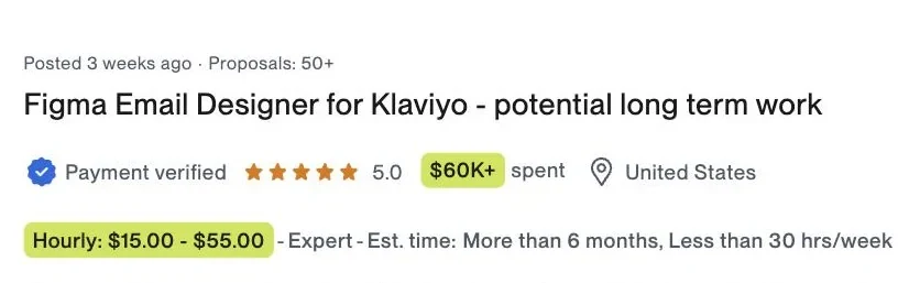 Vaga no Upwork: Figma Email Designer for Klaviyo, cliente com $60 mil já pagos, $15 a $55 por hora, Estados Unidos
