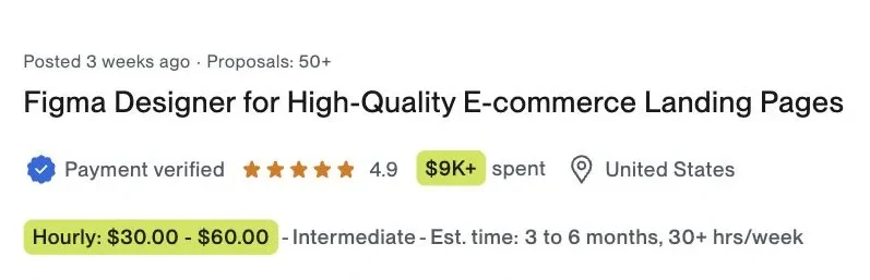 Vaga no Upwork: Figma Designer for High-Quality E-commerce Landing Pages, $30 a $60 por hora, Estados Unidos