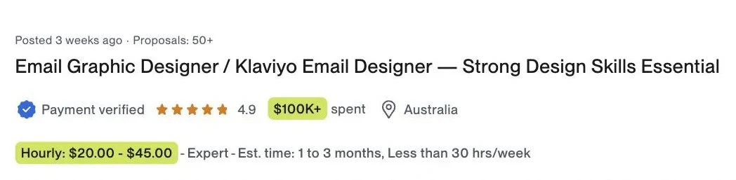 Vaga no Upwork: Klaviyo Email Designer, cliente com $100 mil já pagos, $20 a $45 por hora, Austrália